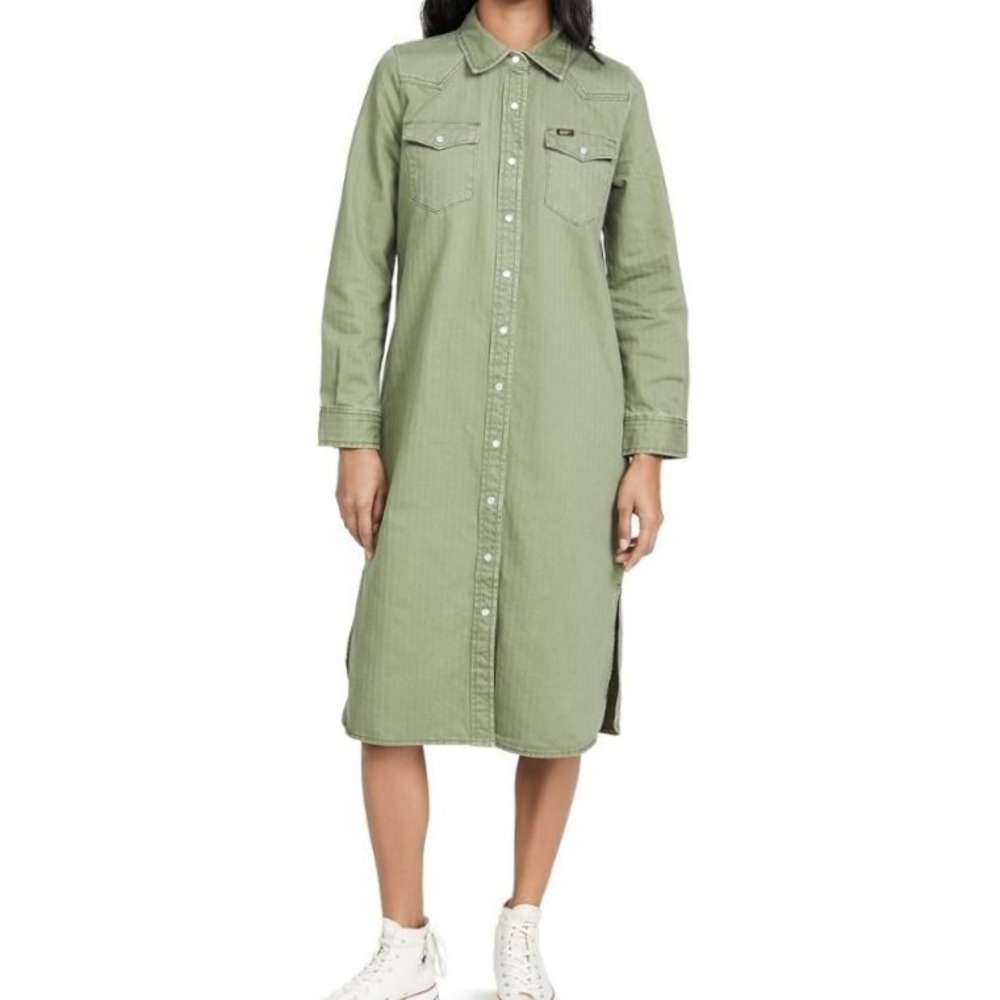 Lee Denim Dress Women's Size Medium Olive Green Western Pearl Snap New